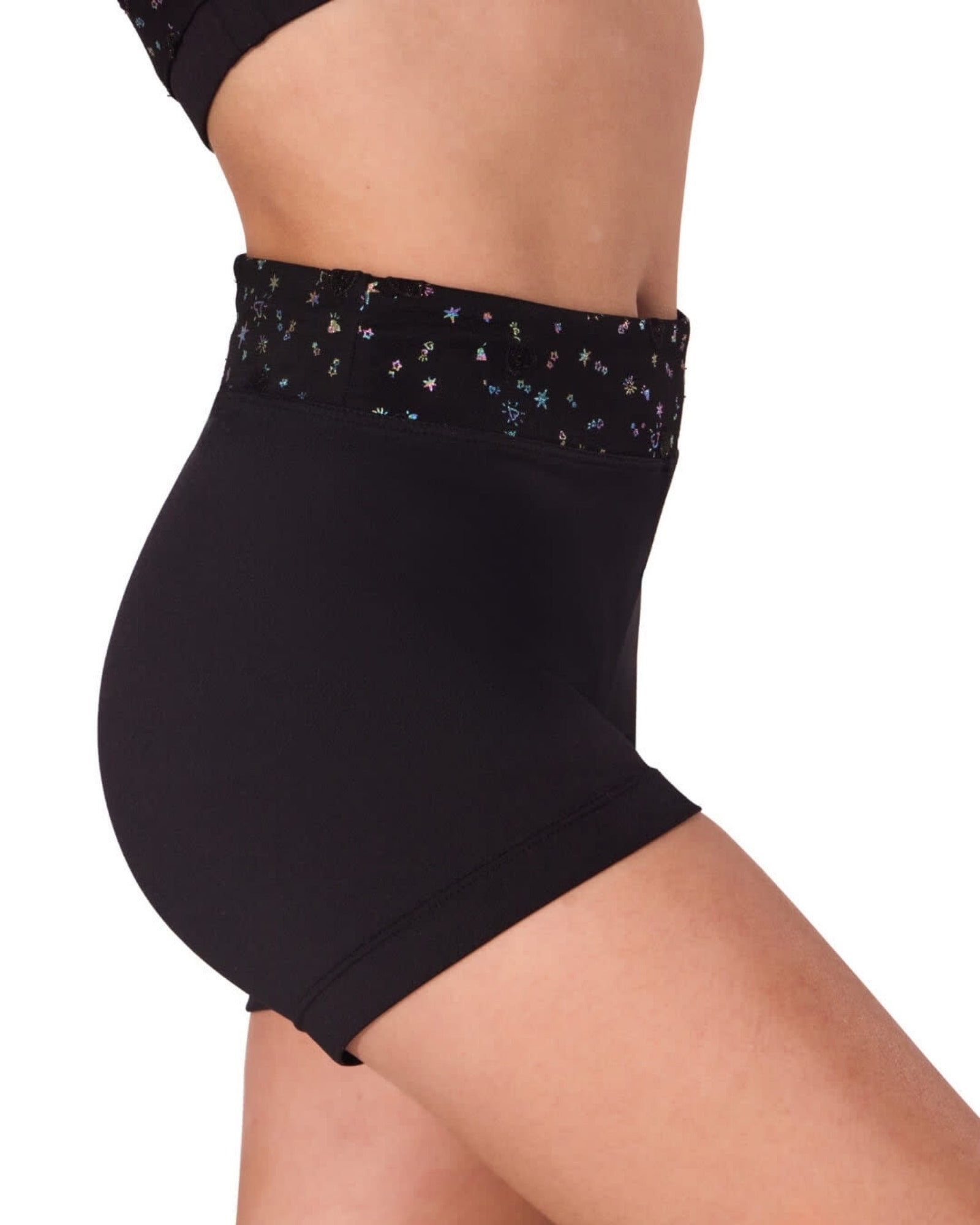 Black high-waisted shorts with a patterned waistband on a white background