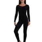 Person wearing a black full-body suit on a white background