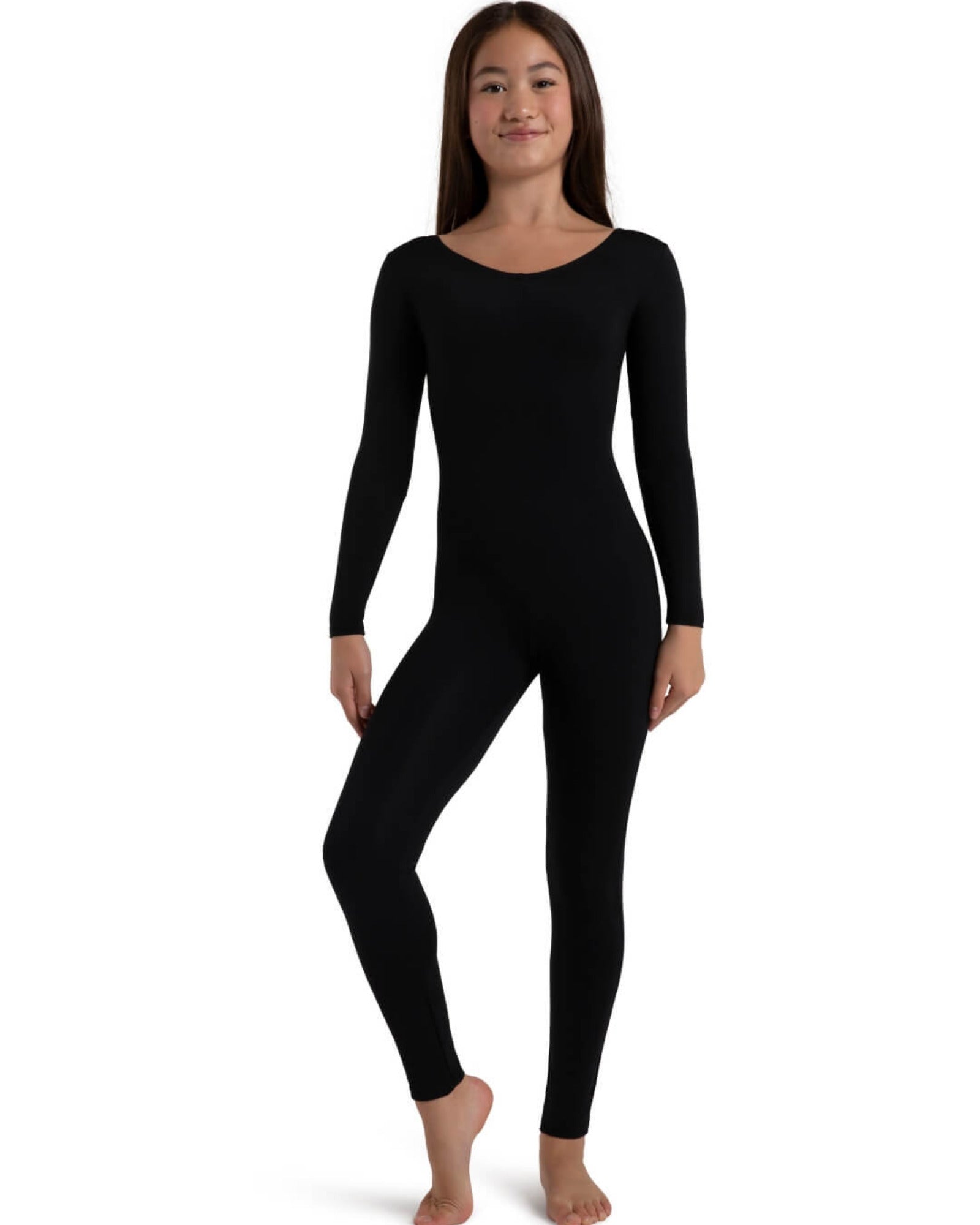 Person wearing a black full-body suit on a white background