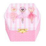 Pink hexagonal jewelry box with a ballerina-themed lid, featuring three ballerina illustrations and a gold clasp, on a white background.