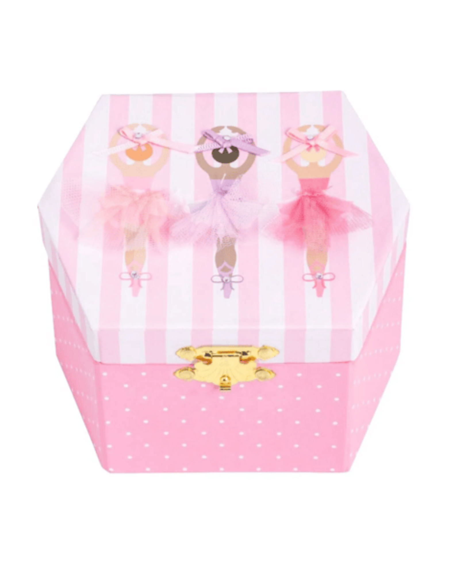 Pink hexagonal jewelry box with a ballerina-themed lid, featuring three ballerina illustrations and a gold clasp, on a white background.