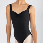 Black leotard worn by a model on a plain background
