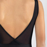 Black leotard with sheer back detail on a plain background