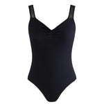Black leotard with thin straps on a white background