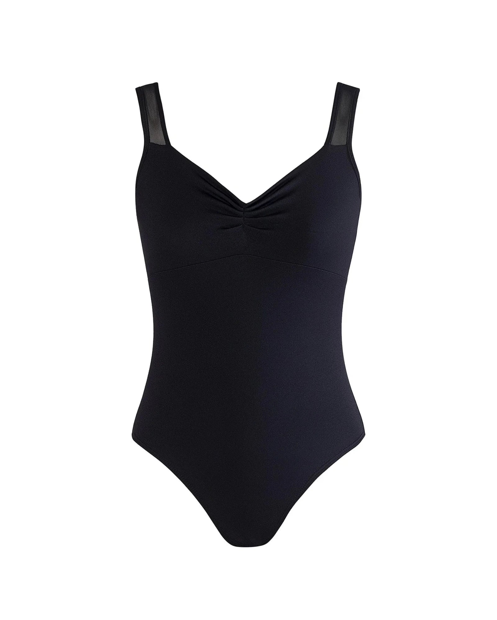 Black leotard with thin straps on a white background