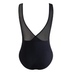 Black leotard with mesh panels on a white background