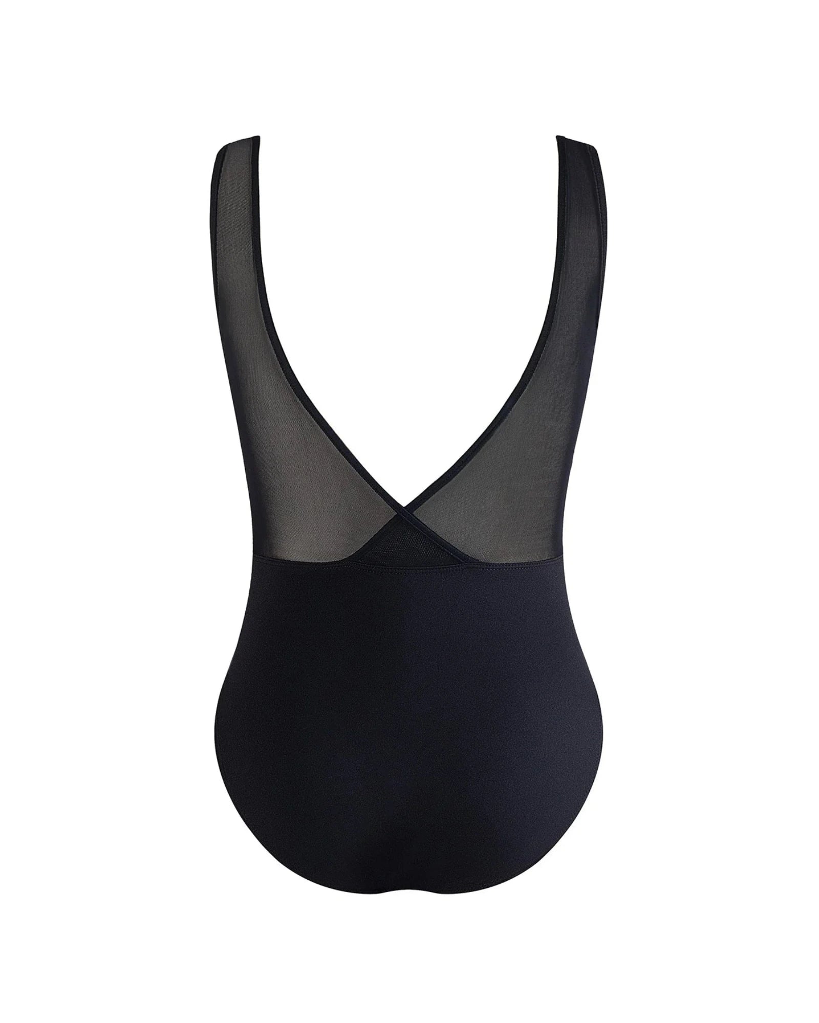 Black leotard with mesh panels on a white background