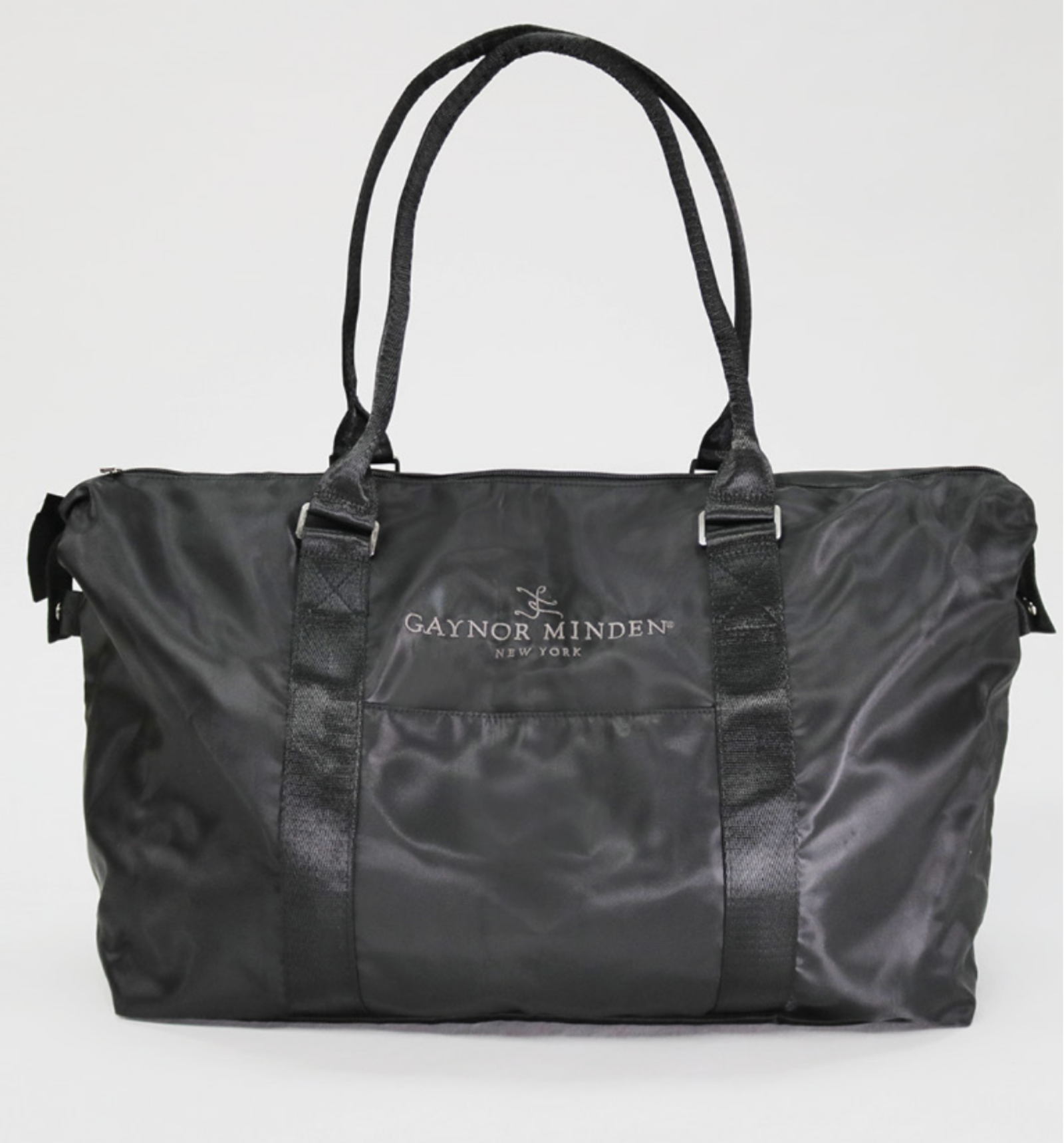 A black nylon duffel bag with dual top handles, featuring the 'Gaynor Minden' logo printed in white on the front pocket, set against a plain light gray background.