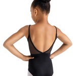 Person wearing a black leotard with sheer back panels on a white background