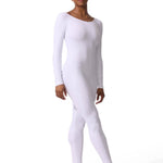 Person wearing a white bodysuit on a white background