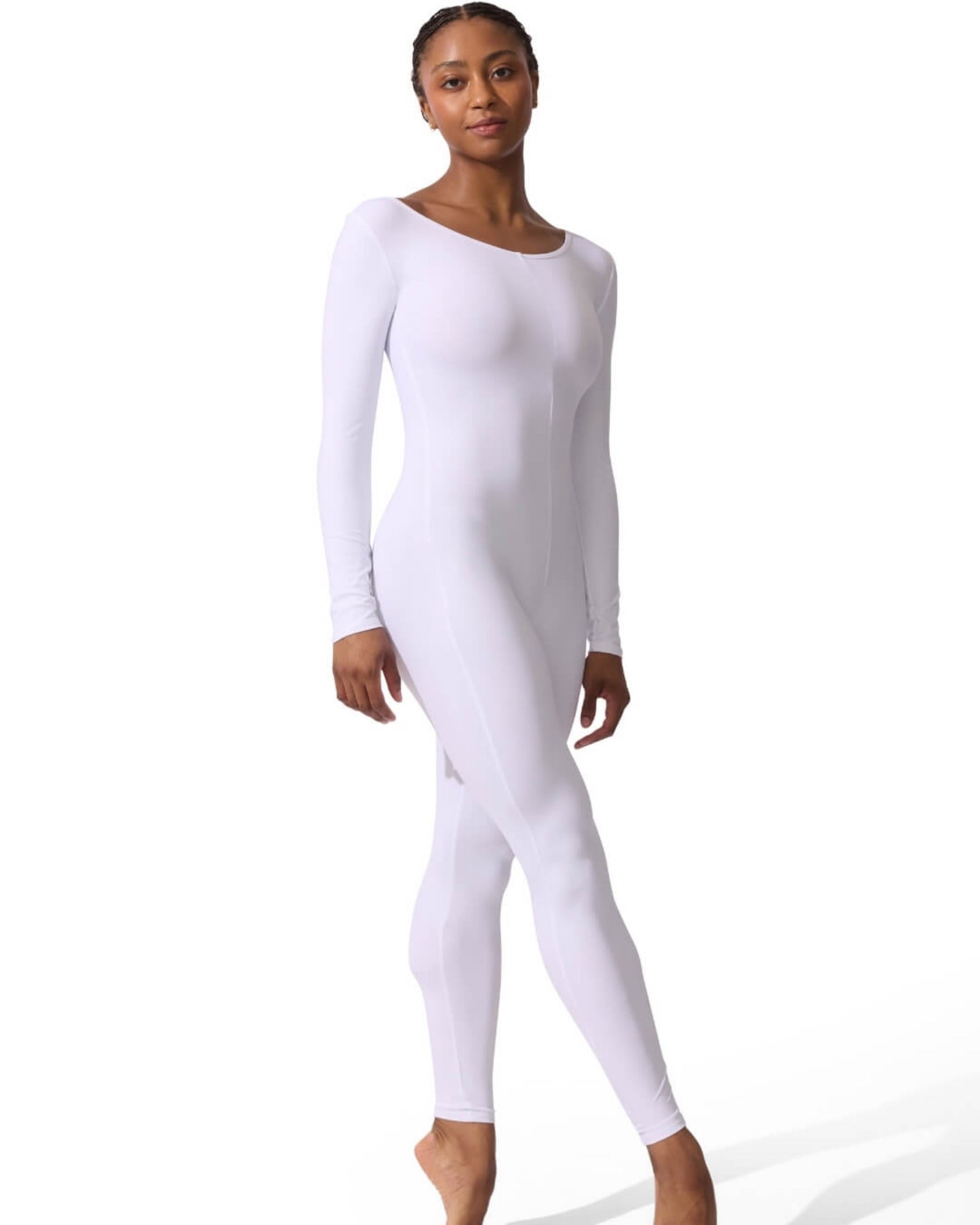 Person wearing a white bodysuit on a white background