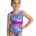 Girl wearing a colorful leotard with a pink waistband on a white background