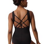 Black leotard with criss-cross back design on a white background