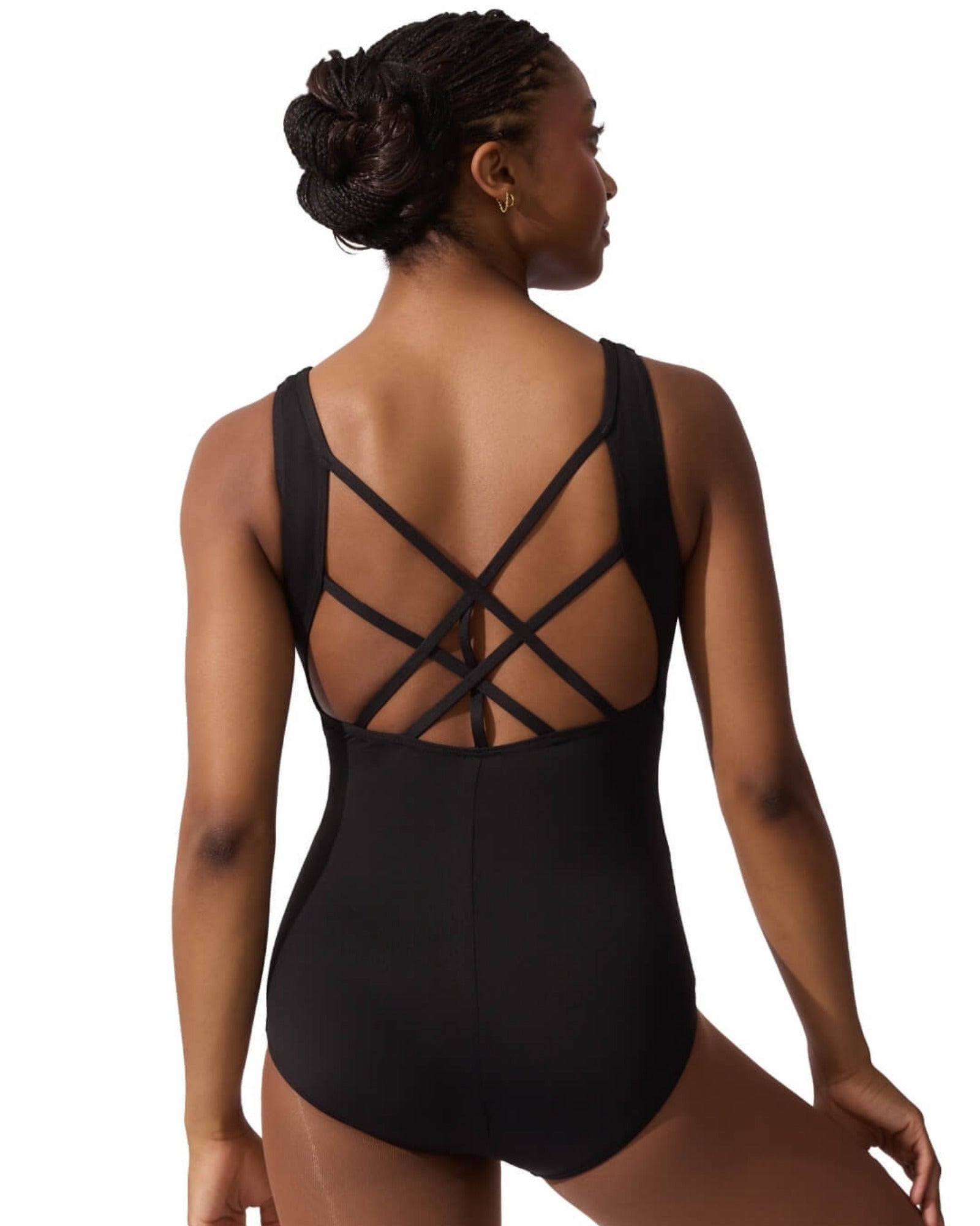 Black leotard with criss-cross back design on a white background