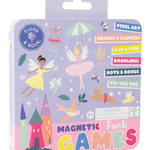 Floss & Rock Magnetic Fun Games in a square tin package with a hanger tab, featuring colorful cartoon fairies, animals, and game labels on a lavender background.