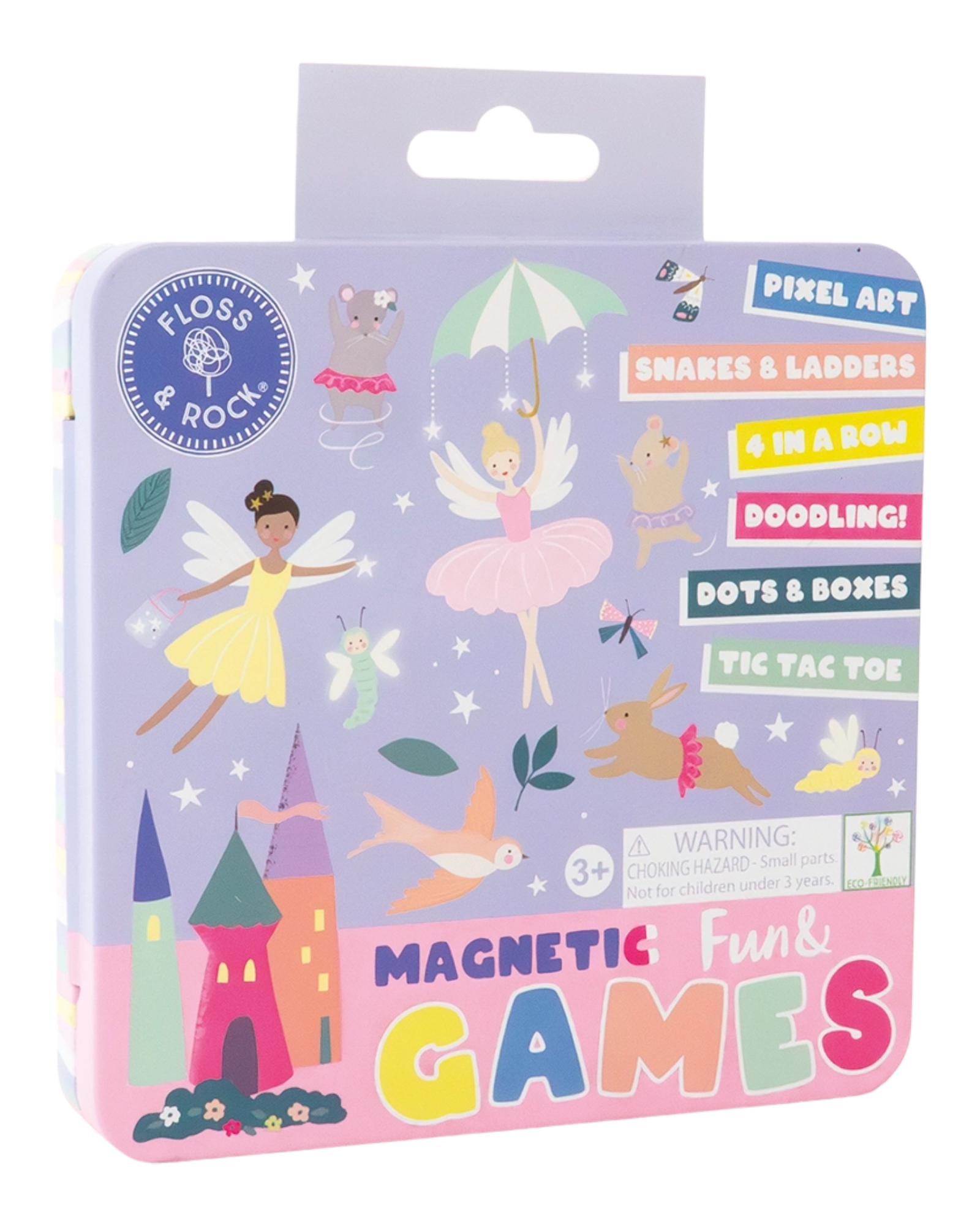 Floss & Rock Magnetic Fun Games in a square tin package with a hanger tab, featuring colorful cartoon fairies, animals, and game labels on a lavender background.