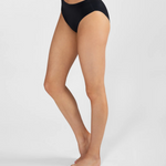 A model's lower body wearing black high-cut bikini bottoms, shown from the waist down against a light gray studio background.