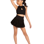 Young girl wearing a black dance outfit on a white background
