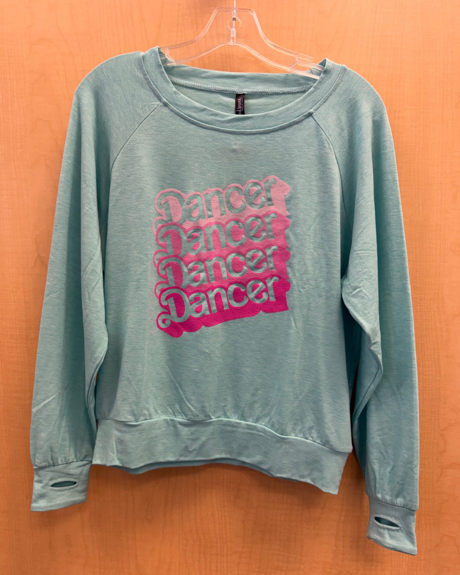 A light blue-green long-sleeve sweatshirt with a pink graphic reading 'Dancer Dancer Dancer Dancer' hanging on a clear plastic hanger against a wood-paneled wall.