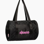 A black quilted duffel bag with long shoulder straps, featuring the word 'dance' embroidered in pink script on the front set against a plain white background.