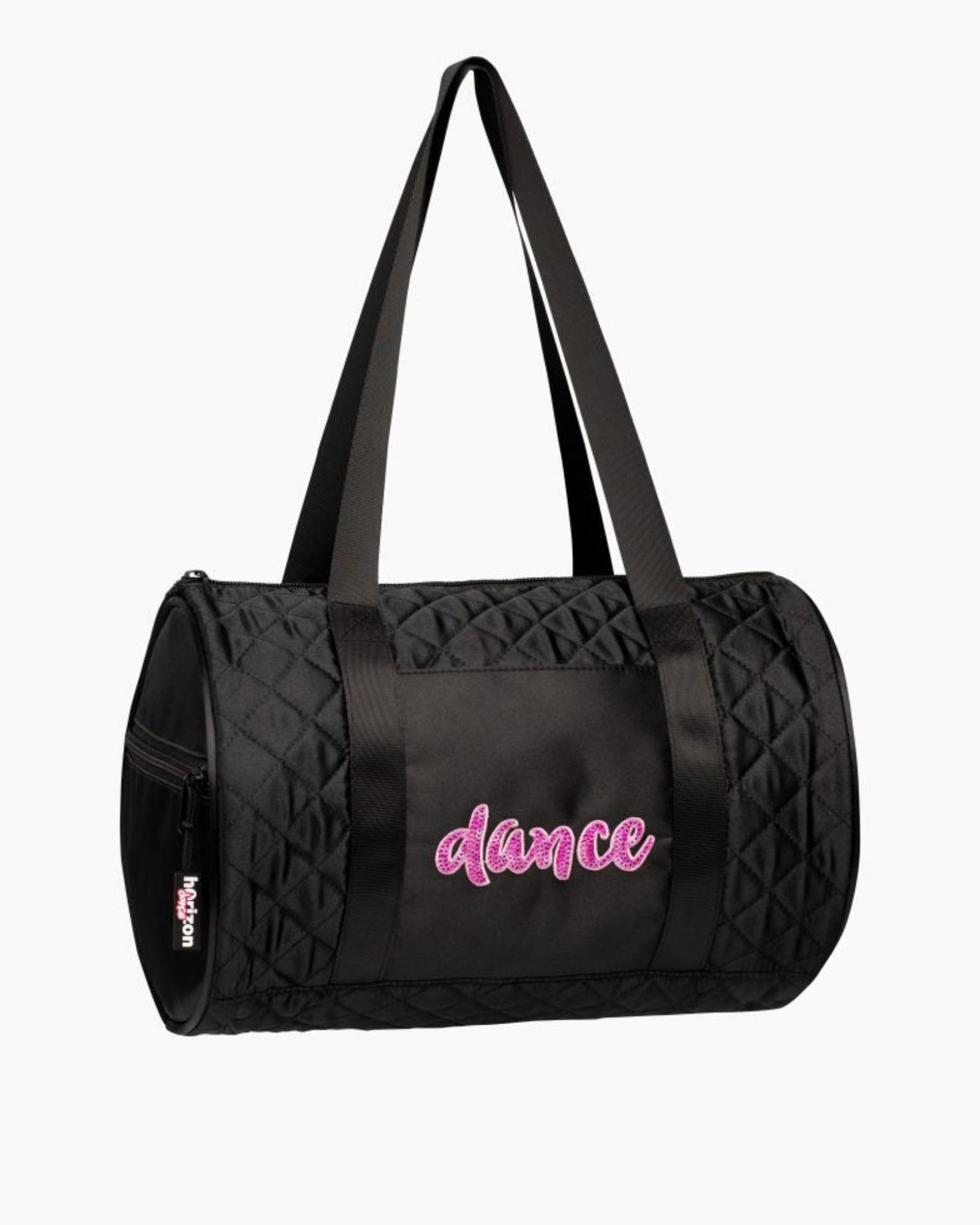 A black quilted duffel bag with long shoulder straps, featuring the word 'dance' embroidered in pink script on the front set against a plain white background.