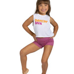 Child wearing a 'Dancin' Diva' tank top and pink shorts on a white background