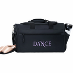 Black dance bag with 'DANCE' text, ballet shoes, and a water bottle on a white background