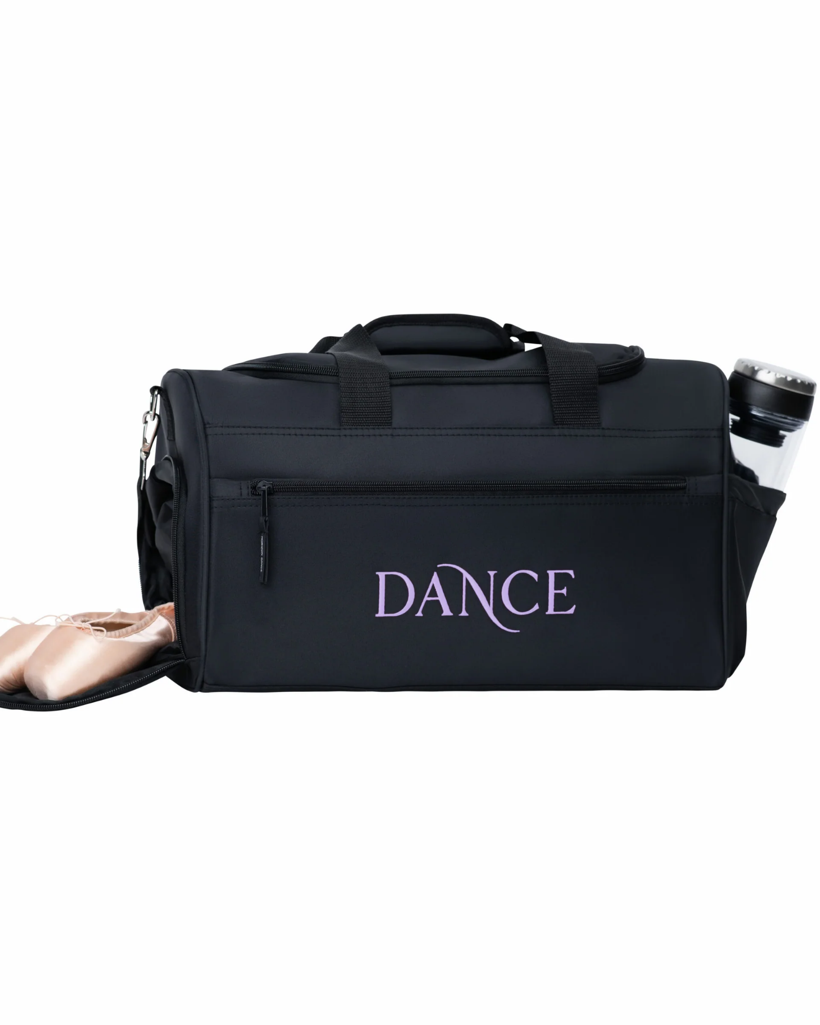 Black dance bag with 'DANCE' text, ballet shoes, and a water bottle on a white background