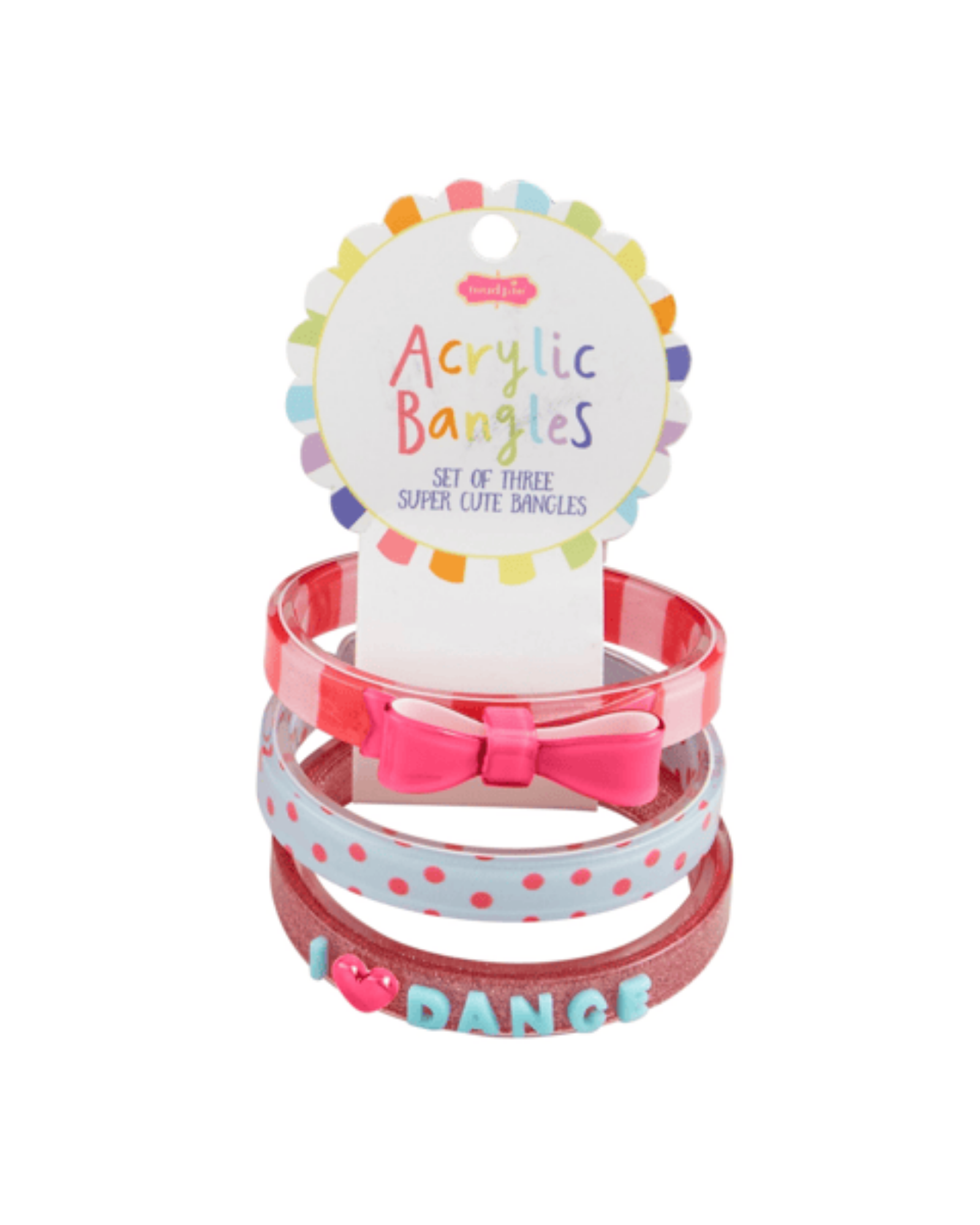 A set of three colorful acrylic bangles displayed on a white retail card. The bangles include a pink and white striped one with a pink bow, a light blue one with pink polka dots, and a dusty rose one with 'I DANCE' lettering and a small pink heart.