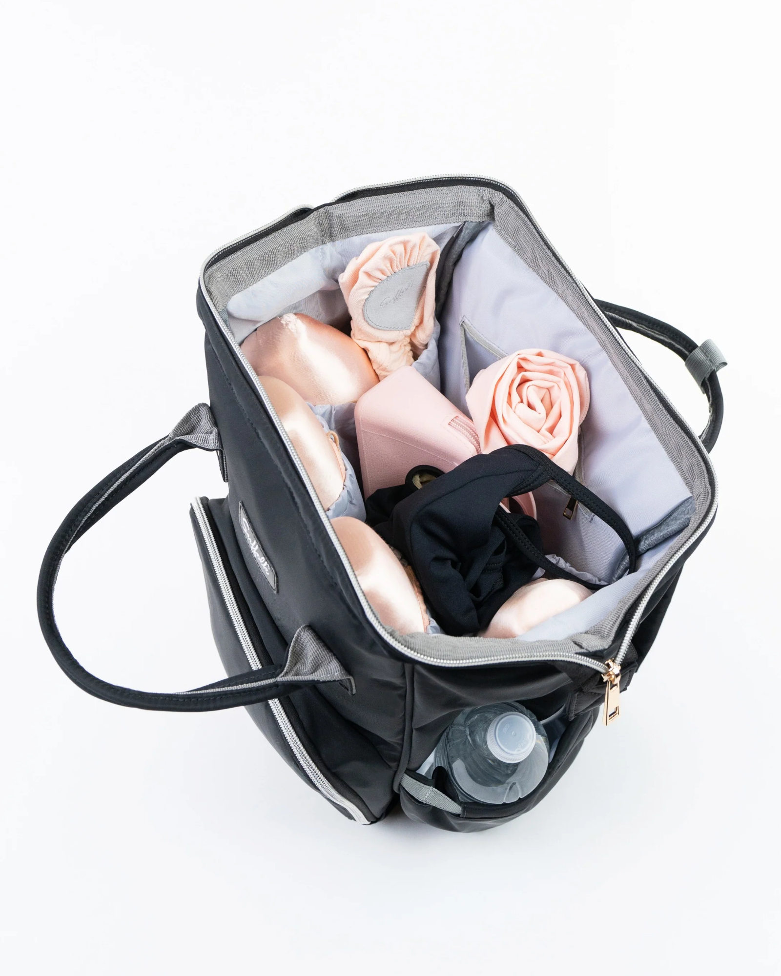 Black backpack with a design on a white background