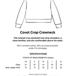 Line drawing of a Covet Crop Crewneck sweatshirt with specifications on a white background.