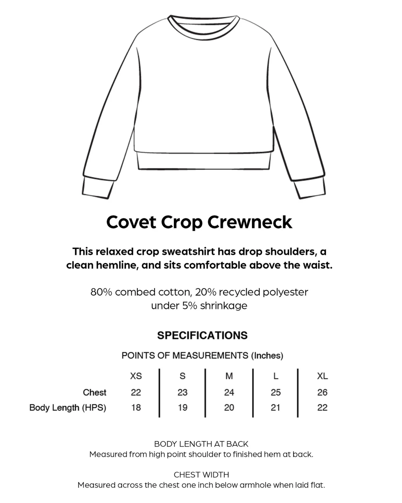 Line drawing of a Covet Crop Crewneck sweatshirt with specifications on a white background.