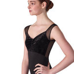 Black leotard with mesh details worn by a model on a white background
