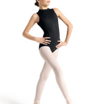 Ballerina in a black leotard and pink tights on a white background
