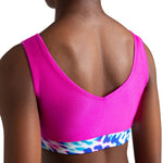 Pink dance bra top with a colorful band on a white background