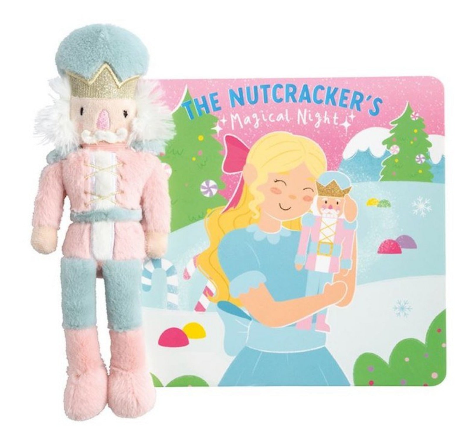 A plush nutcracker doll standing beside a matching illustrated book titled "The Nutcracker's Magical Night," showing a snowy scene with a girl holding the nutcracker. The product is photographed on a clean white background.