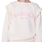 White sweatshirt with 'Dancer' text and ruffle details on a white background