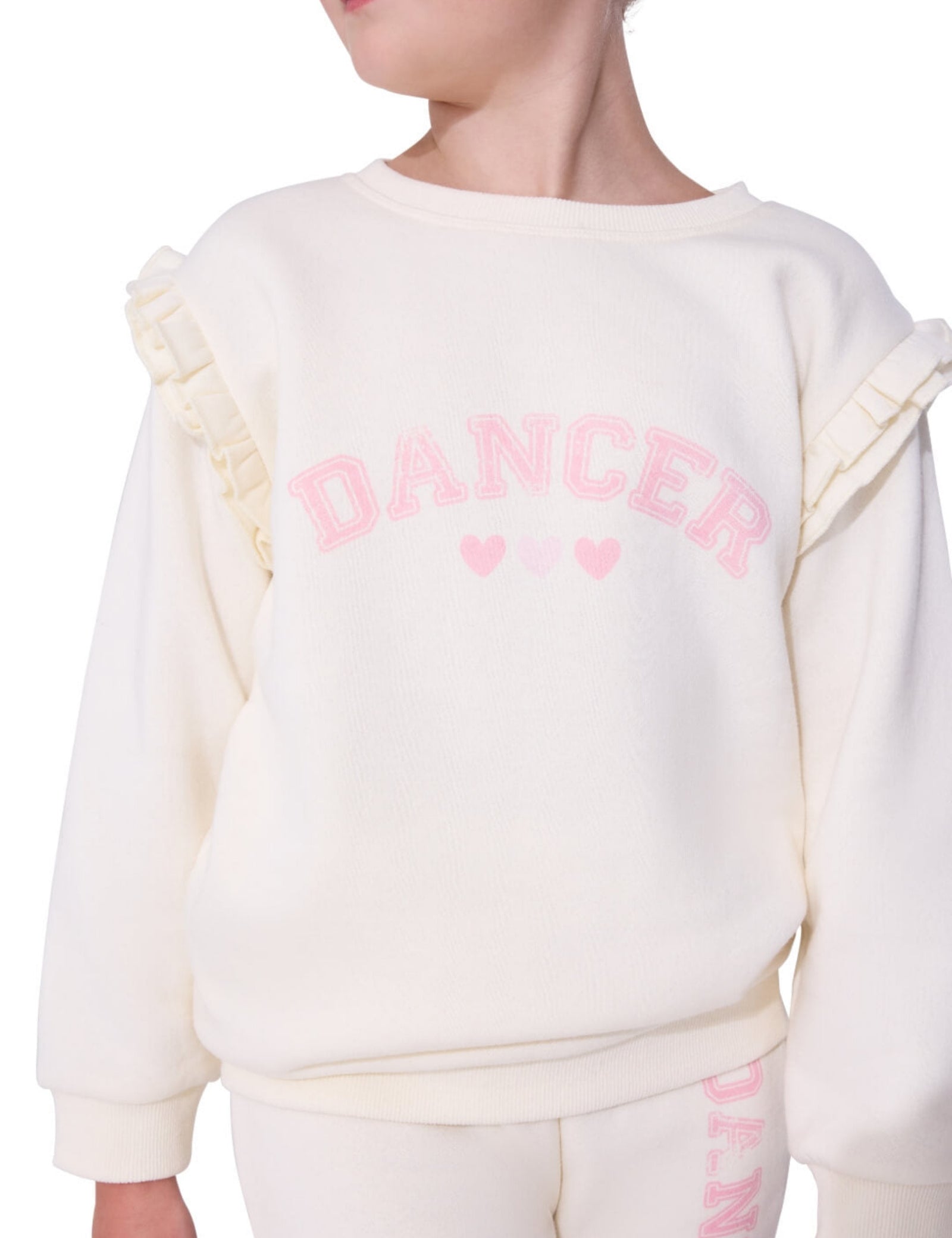White sweatshirt with 'Dancer' text and ruffle details on a white background