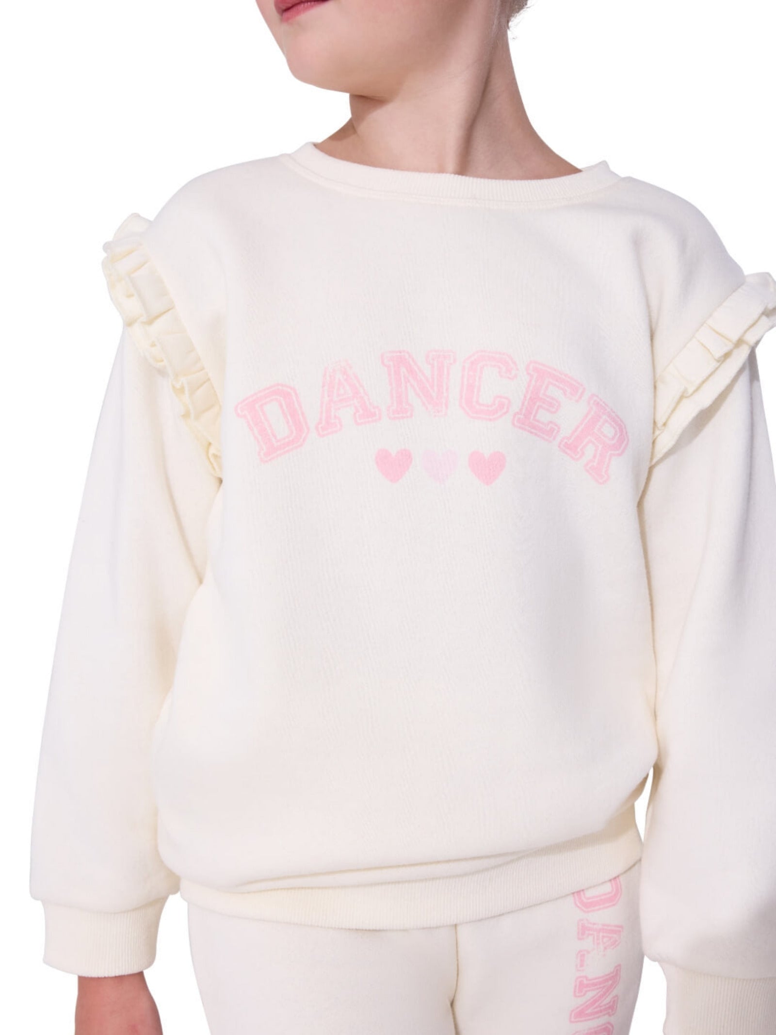 White sweatshirt with 'Dancer' text and ruffle details on a white background