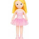 Doll with blonde hair and a pink dress on a white background