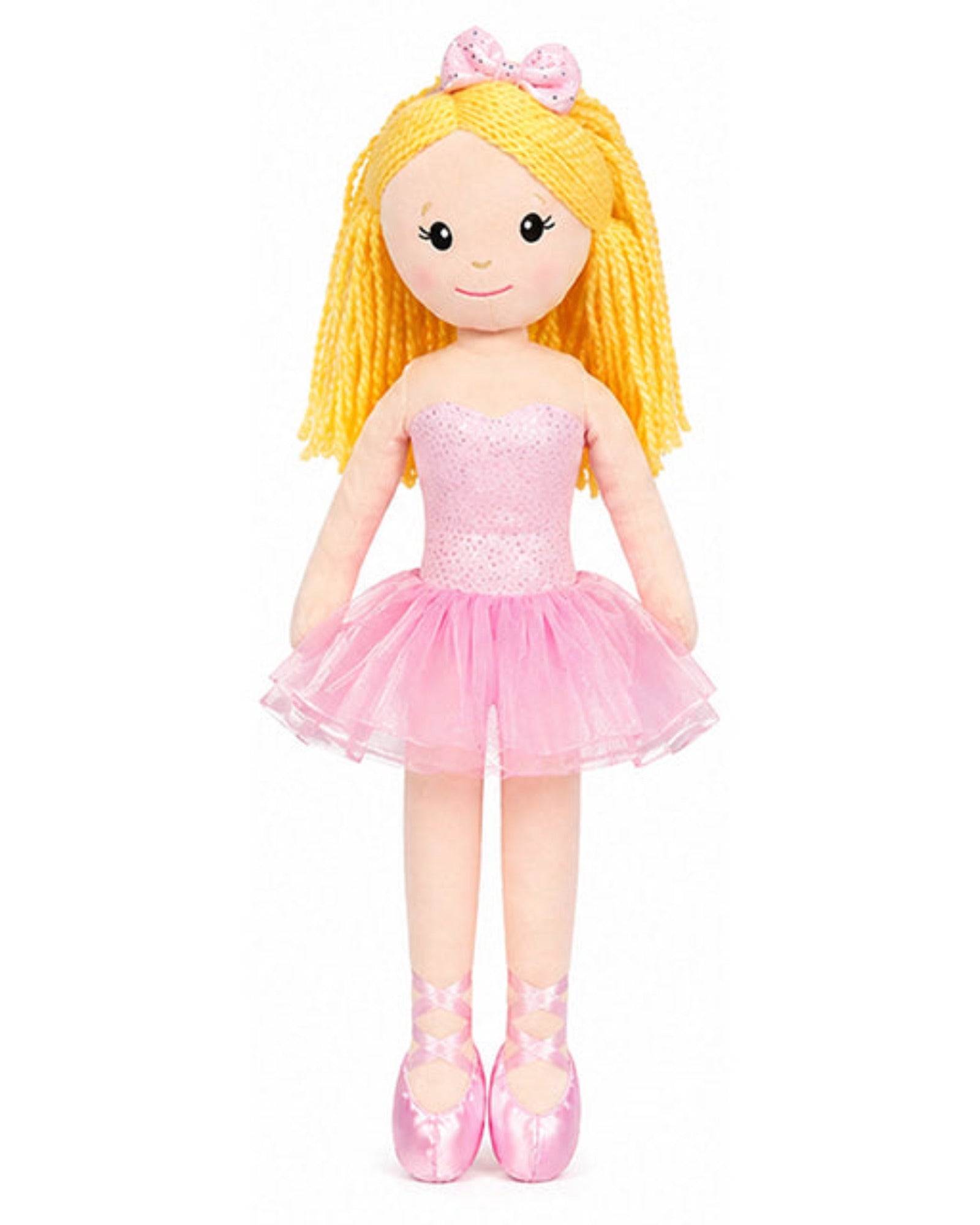 Doll with blonde hair and a pink dress on a white background