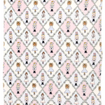 A square fleece blanket, featuring a repeating pattern of Nutcracker character inside diamond-shaped frames on a light pink and white background.