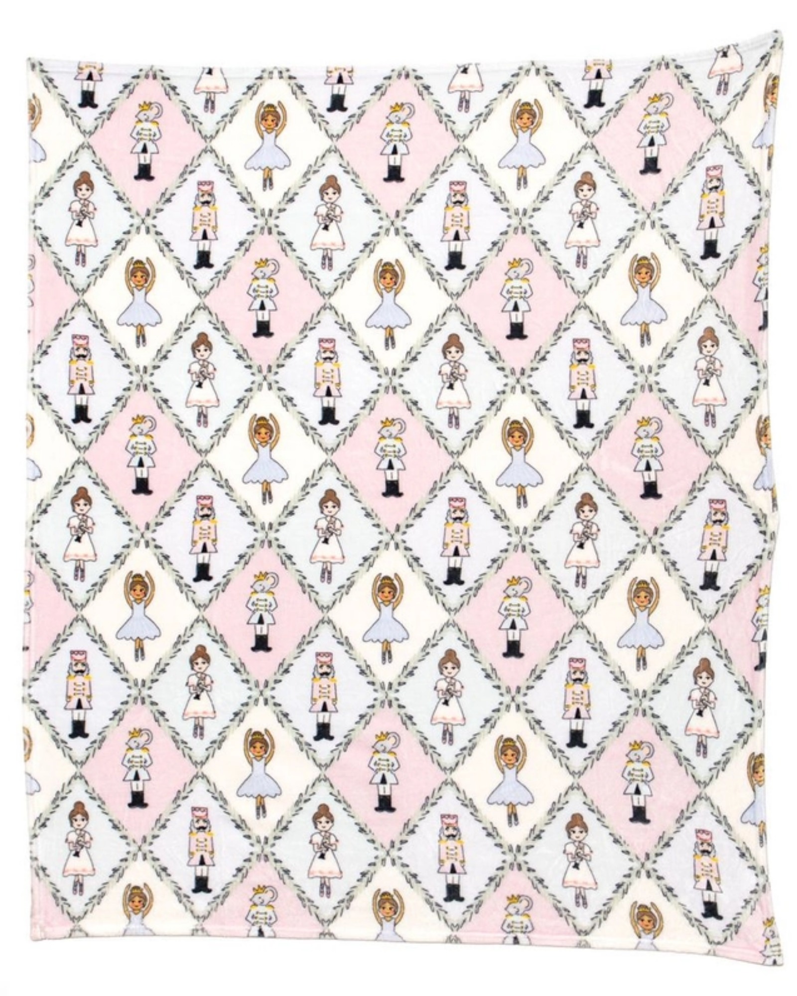 A square fleece blanket, featuring a repeating pattern of Nutcracker character inside diamond-shaped frames on a light pink and white background.