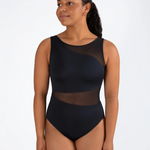 A woman modeling a black sleeveless leotard with sheer mesh panels on the shoulders and waist, set against a plain white studio background.
