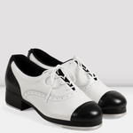 White and black shoes with a block heel on a white background