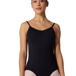 Woman wearing a black leotard on a white background