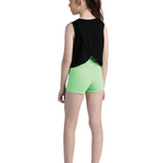 A child model shown from the back wearing a sleeveless black top and neon green shorts against a plain white background.
