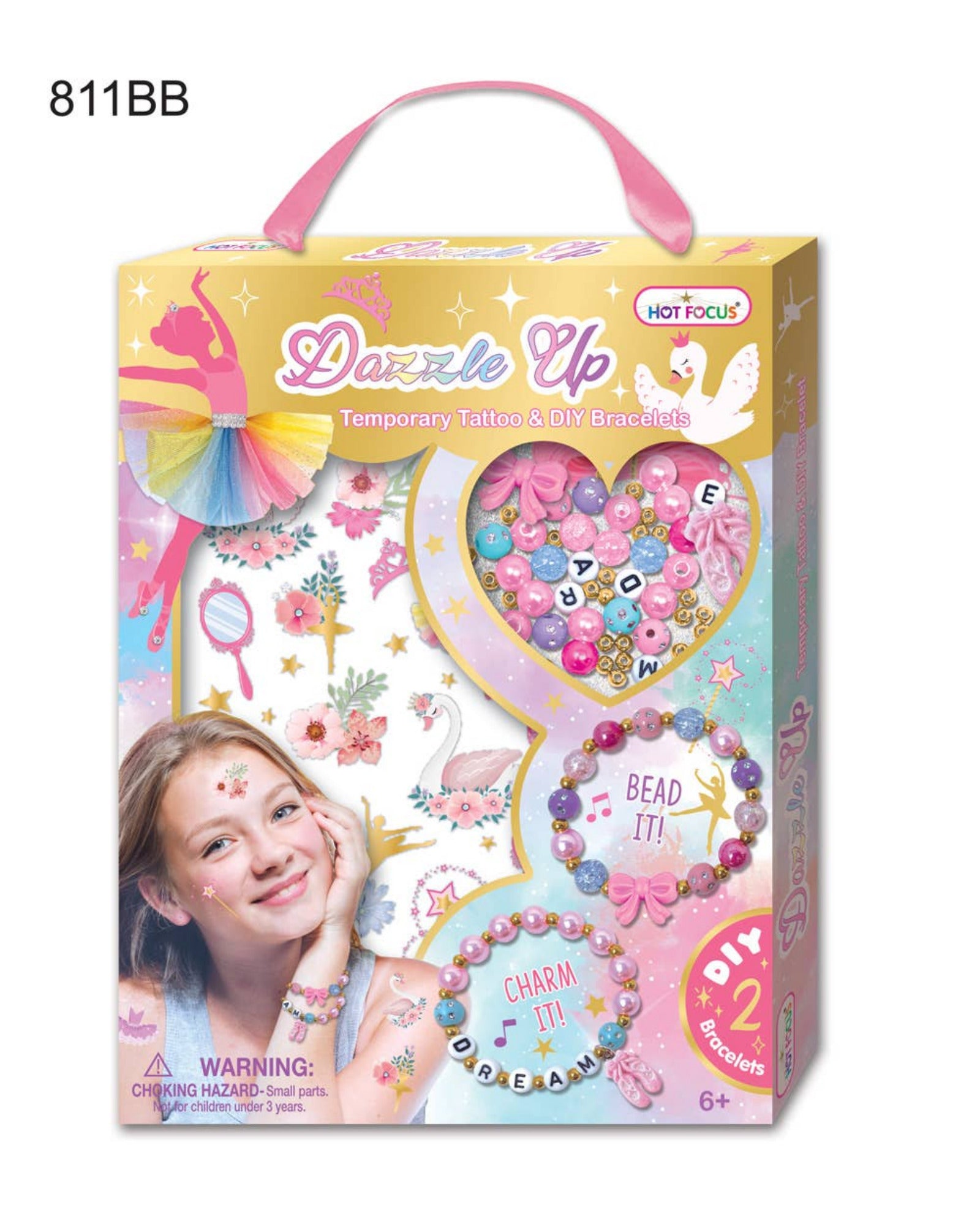 Box of 'Dazzle Up' temporary tattoos and bead bracelets with a girl wearing them on a white background.