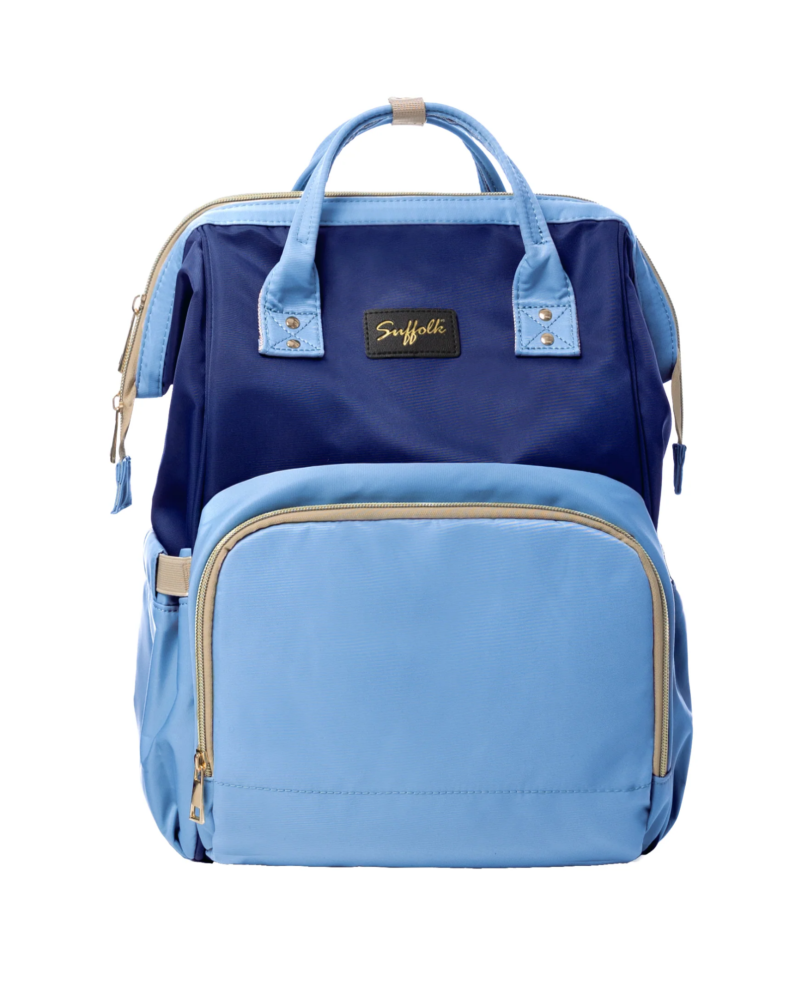 Blue backpack with a visible brand logo on a white background
