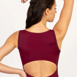 A woman shown from the back wearing a sleeveless burgundy leotard with a large open-back cutout, against a plain light background.